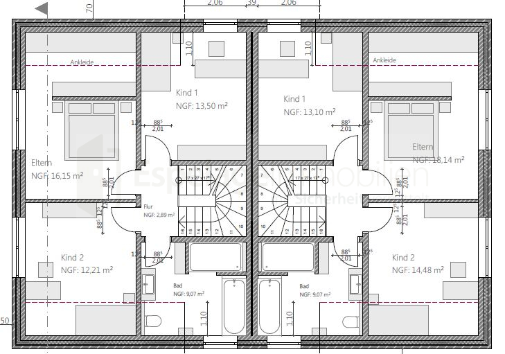 Grundriss Obergeschoss Doppelhaush�lfte Emstek / Halen